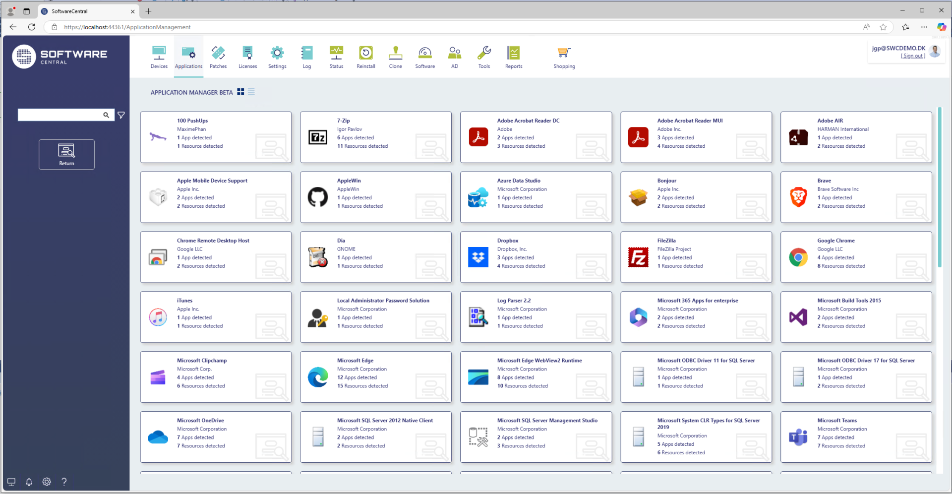 Software Central interface displaying a list of detected applications with associated vendors and resource counts