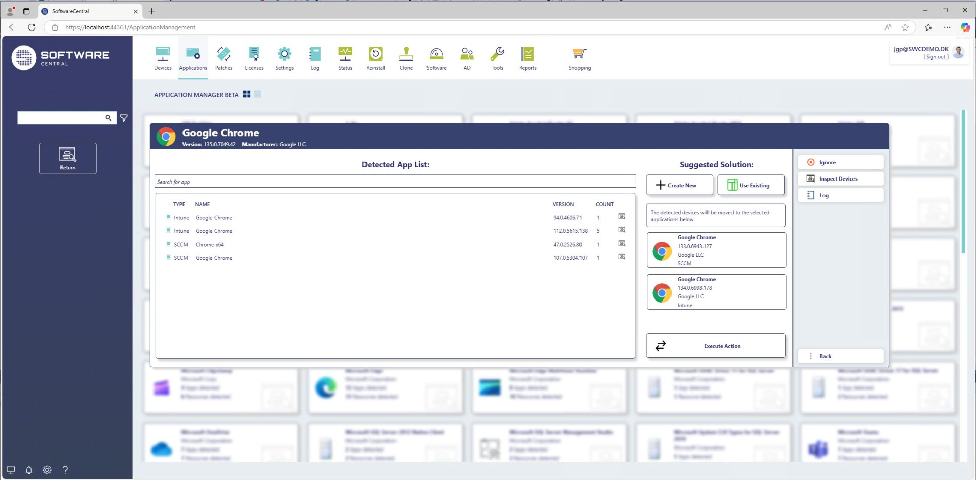 SoftwareCentral interface showing detected versions of Google Chrome with suggested solutions for managing the app via Intune or SCCM