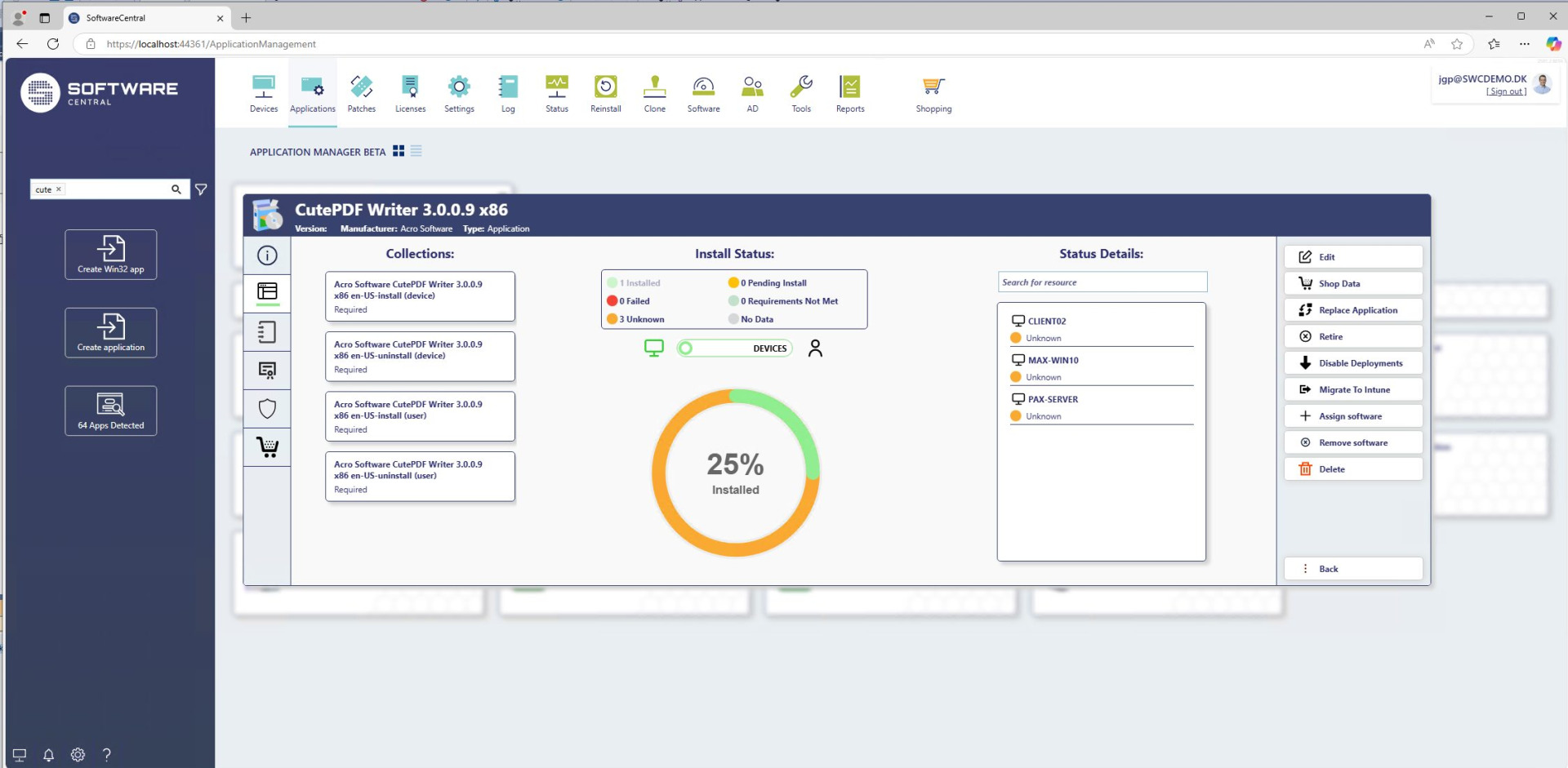 Dashboard showing installation status of CutePDF Writer in SoftwareCentral Application Manager
