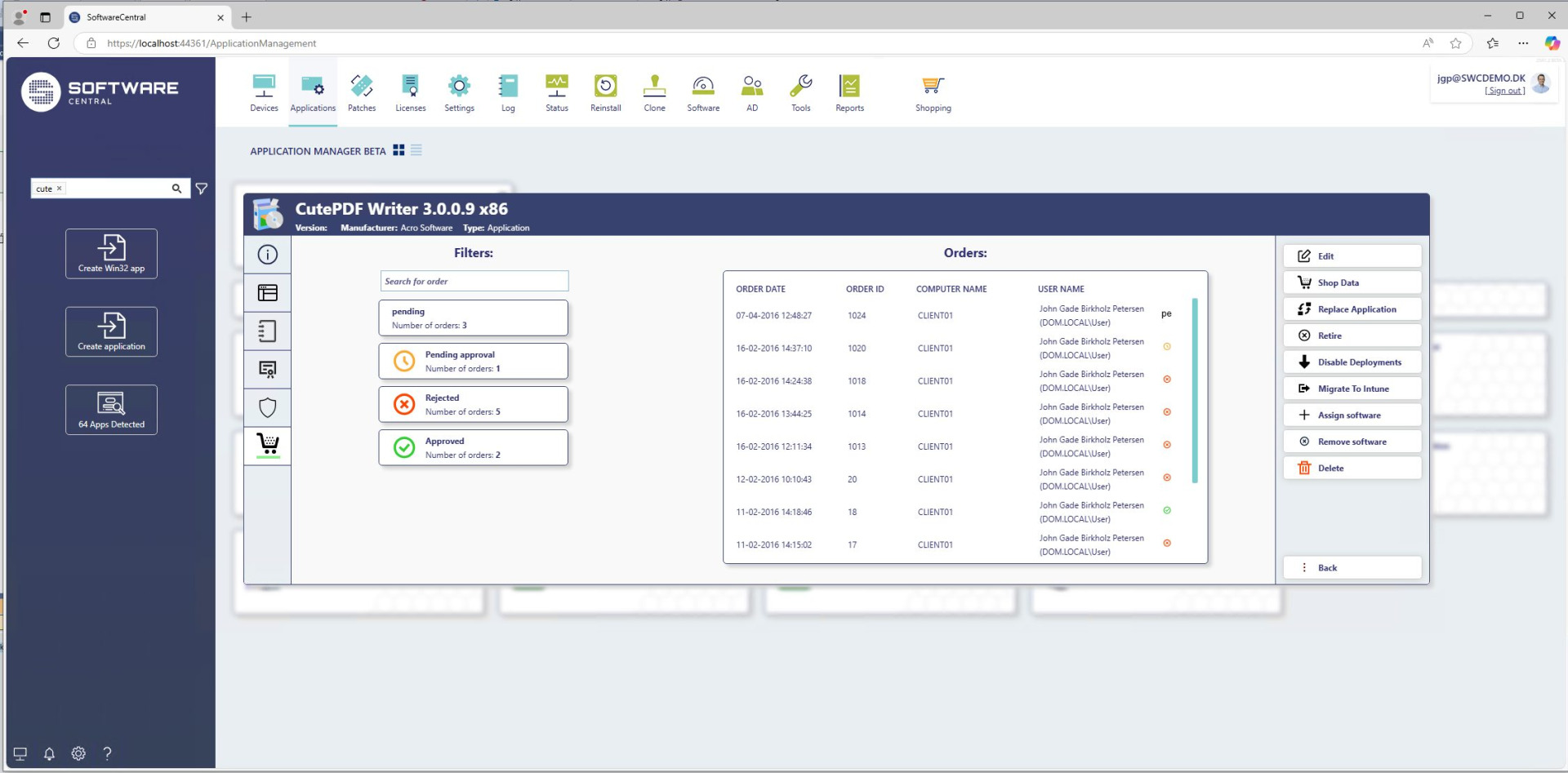 App request overview for CutePDF Writer in SoftwareCentral, showing order statuses and user submissions.