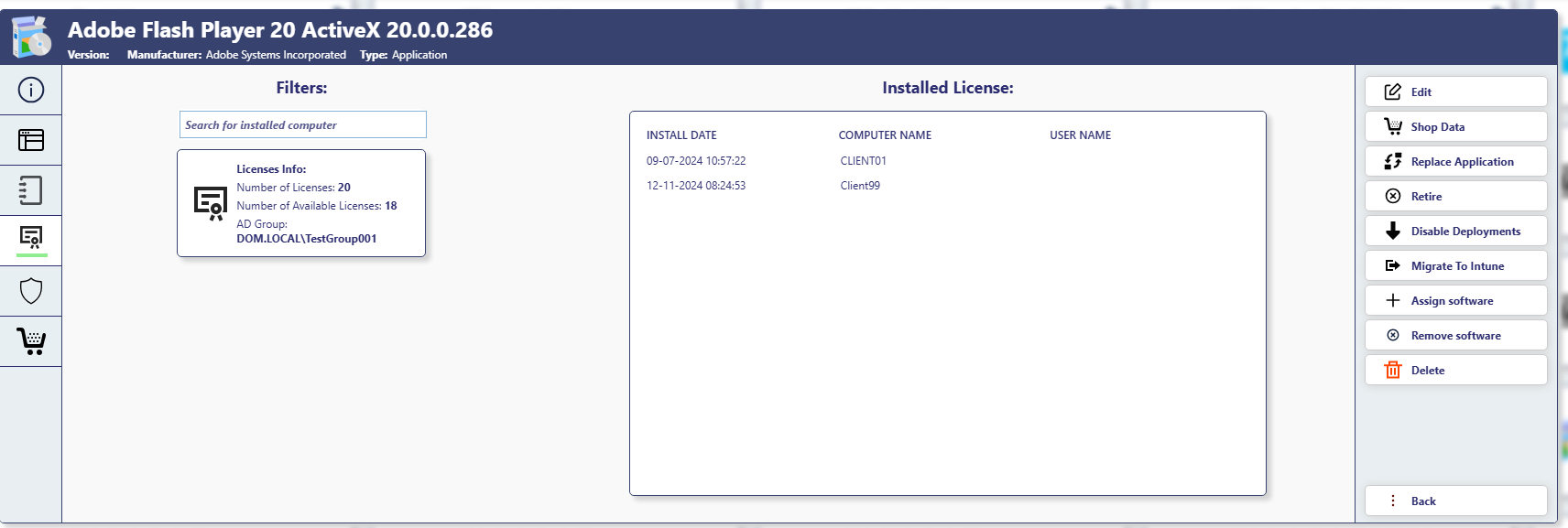 Installed license details for Adobe Flash Player showing license count, AD group, and installation history by computer