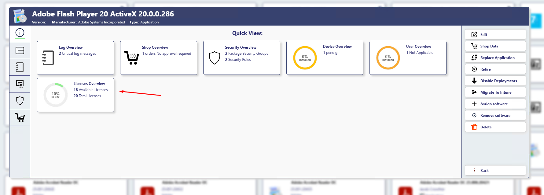 License and deployment overview for Adobe Flash Player 20 in SoftwareCentral, showing license availability, log messages, device/user status, and shop/security summaries