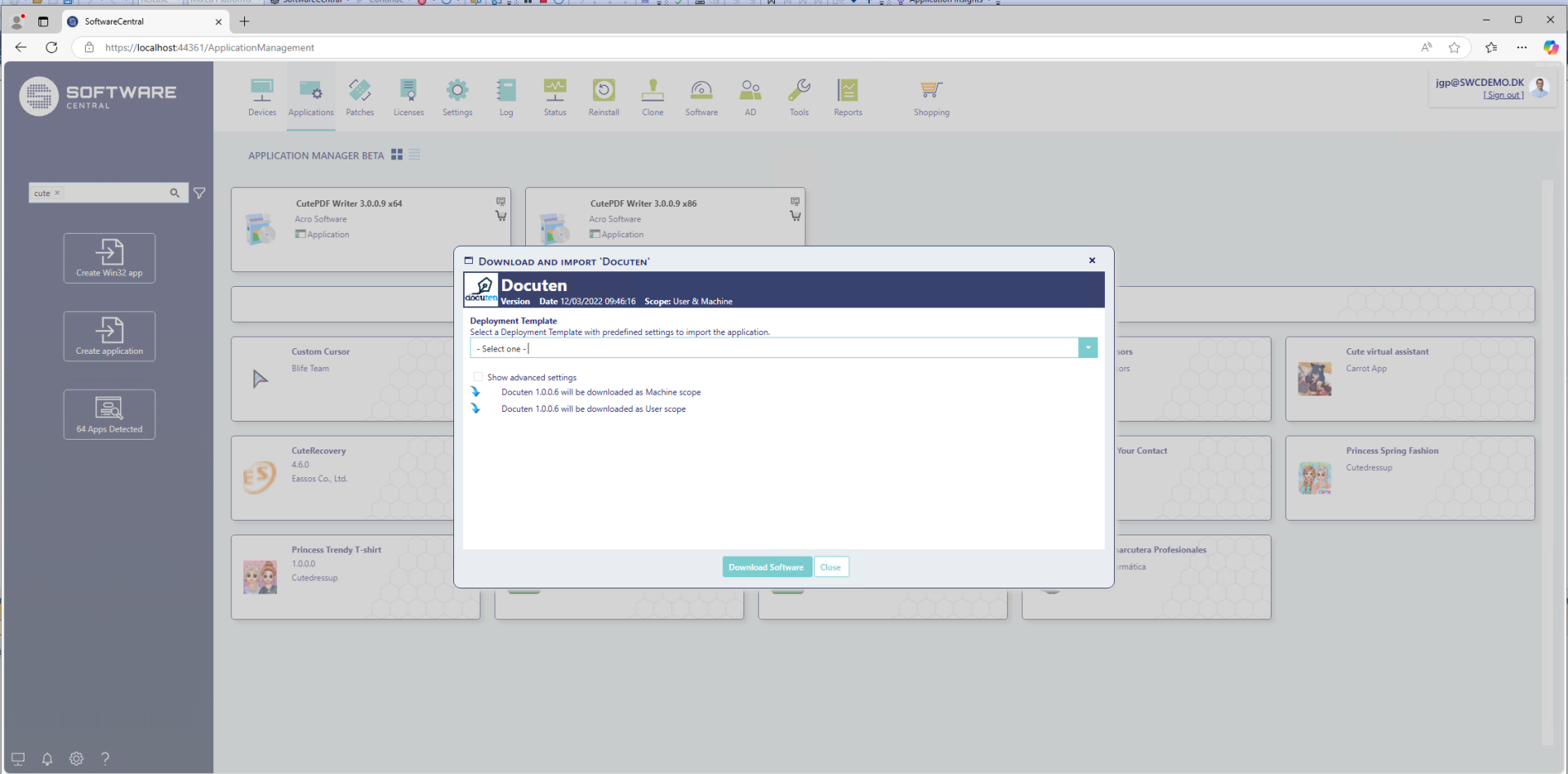 SoftwareCentral interface showing Docuten app import dialog with deployment scope options and template selection