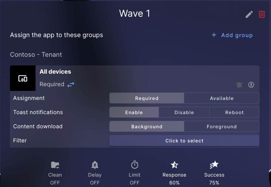 Robopack app assignment interface showing configuration for Wave 1, with settings for group assignment, toast notifications, content download mode, and filters