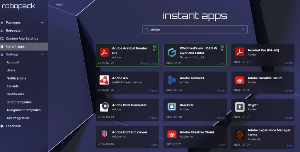 Robopack interface displaying a list of instant apps filtered by 'Adobe', showing various Adobe applications and details like source and update dates