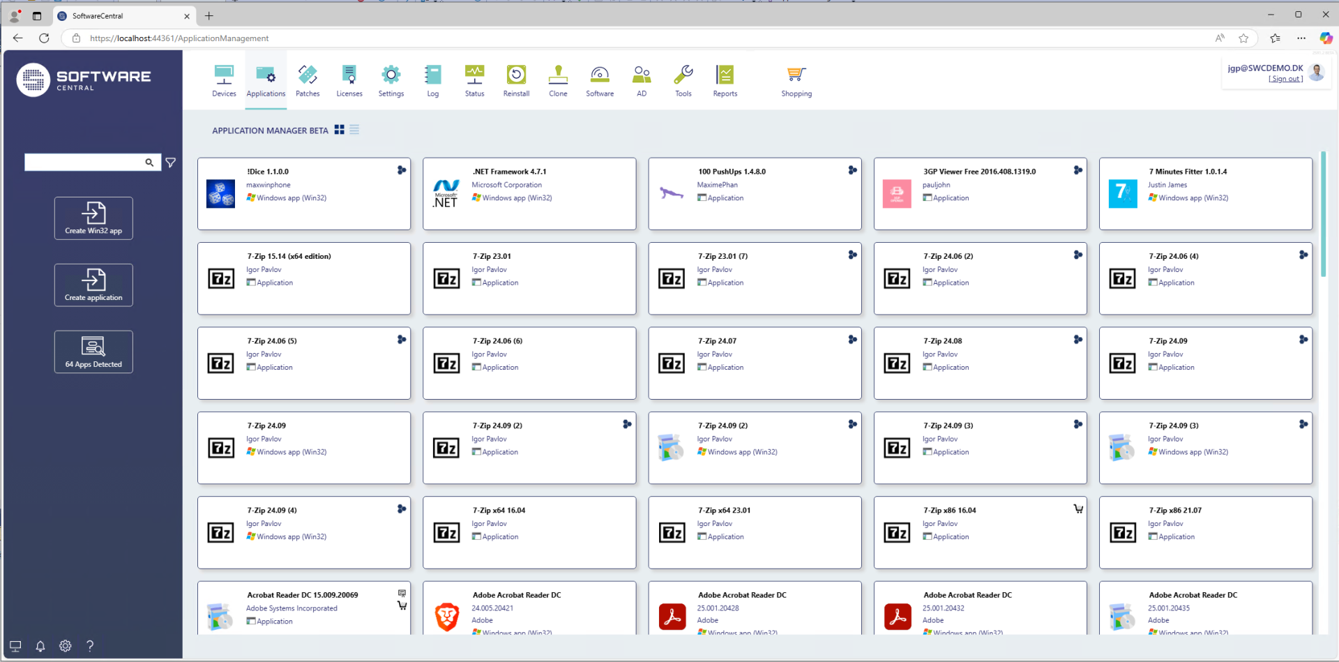 screenshot of Software Central application manger