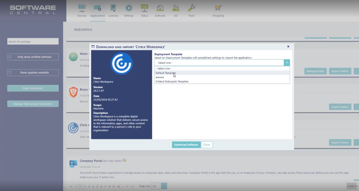 Software Central interface showing Citrix Workspace import screen with deployment template selection options
