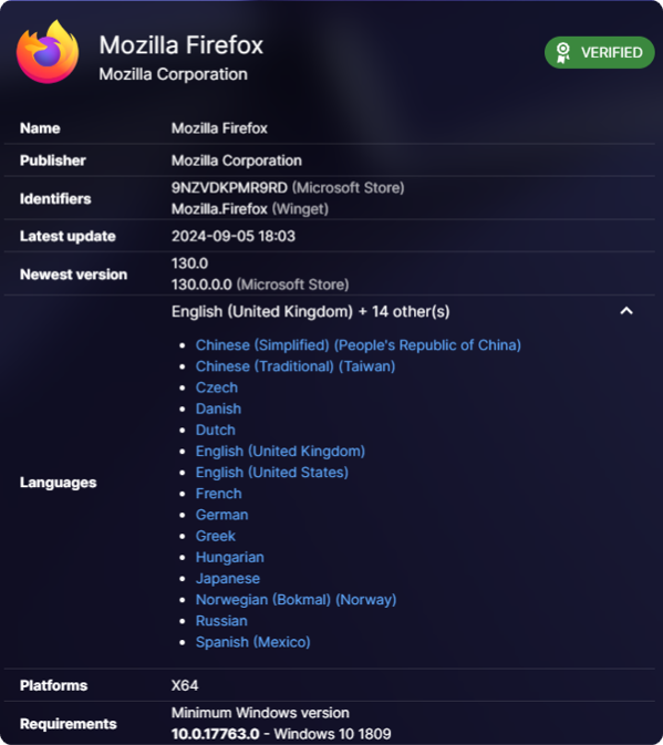 Mozilla Firefox app details showing version 130.0, supported languages, update date, and system requirements for Windows