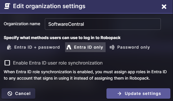 Edit organization settings screen showing Entra ID login and role synchronization options for Robopack