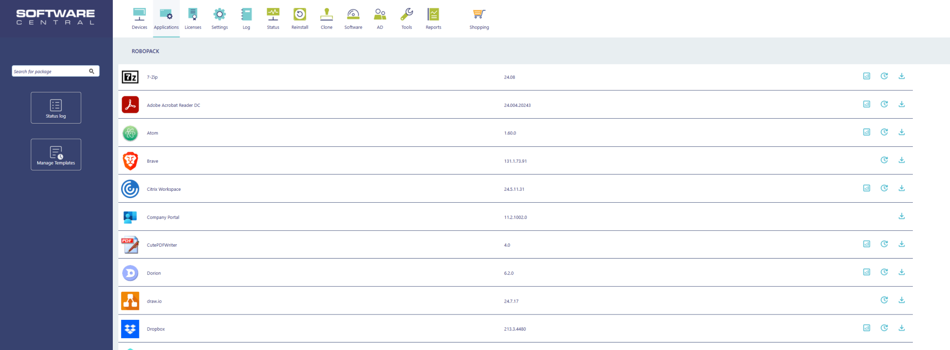 SoftwareCentral Robopack interface showing a list of applications with version numbers and action icons for each app