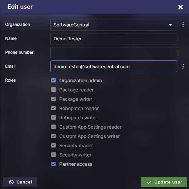 Edit user screen showing role-based access settings for Demo Tester at SoftwareCentral