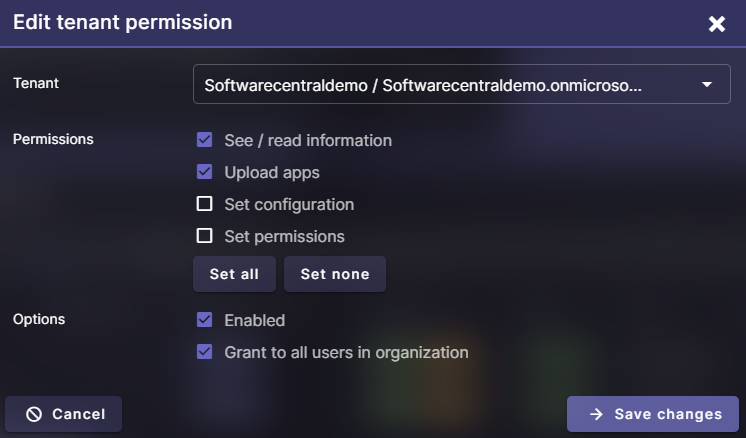 Edit tenant permissions dialog showing role-based access settings for a selected tenant in Robopack